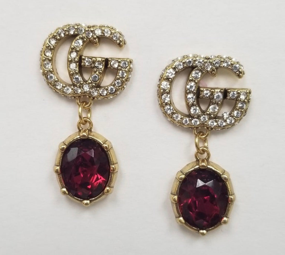 GG Logo in Crystals with Dangling Ruby RedFaceted Drop Earrings