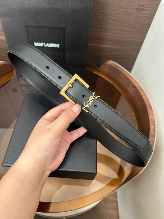 YSL Leather Belt – Black with Gold YSL Buckle