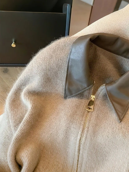 Patchwork Zipper Cropped Cardigan Women 400G Thick Autumn Knitted Sweater Jacket Vintage 2000S Short Fitted Knitwear Coat