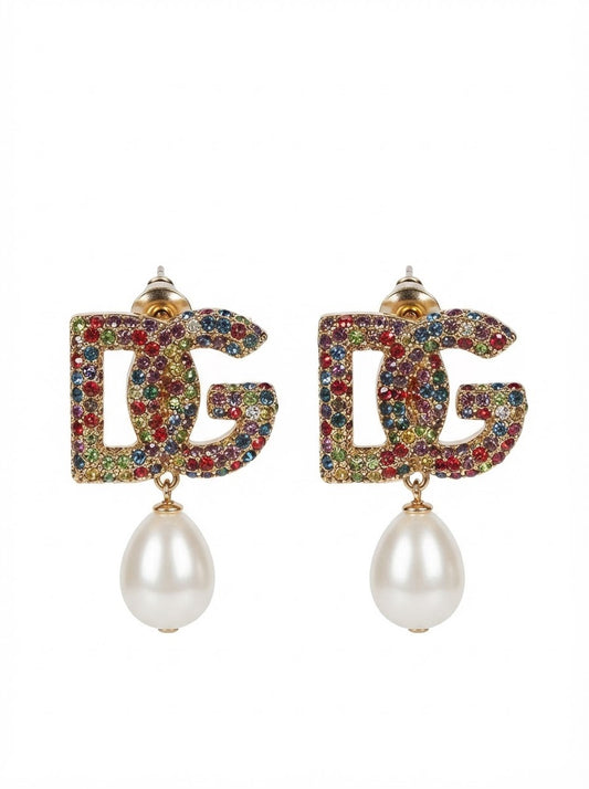 Dolce & Gabbana Multicolor Crystal Logo Pearl Drop Earrings – Gold Tone