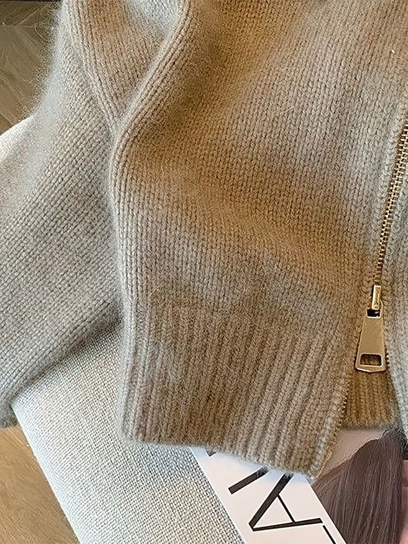 Patchwork Zipper Cropped Cardigan Women 400G Thick Autumn Knitted Sweater Jacket Vintage 2000S Short Fitted Knitwear Coat
