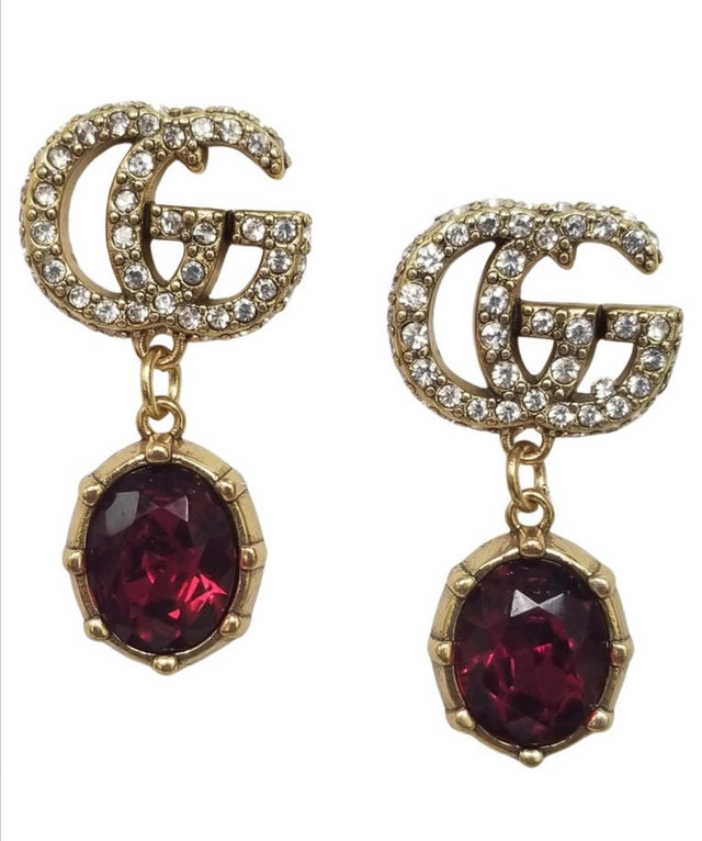 GG Logo in Crystals with Dangling Ruby RedFaceted Drop Earrings