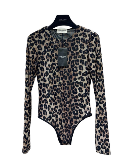 Designer Leopard Print Long Sleeve Mesh Bodysuit