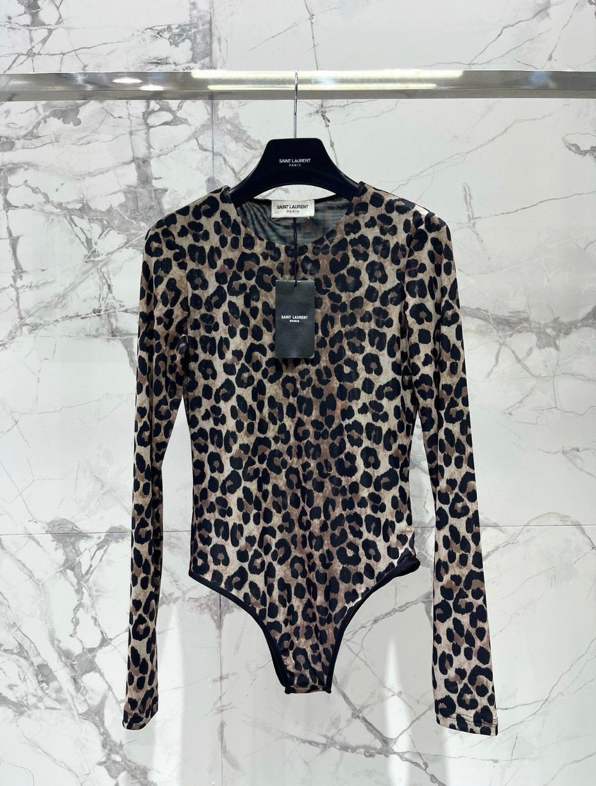 Designer Leopard Print Long Sleeve Mesh Bodysuit