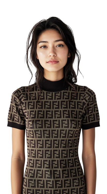 Designer FF Motif Zucca Knit Short-Sleeve Midi Dress – Brown