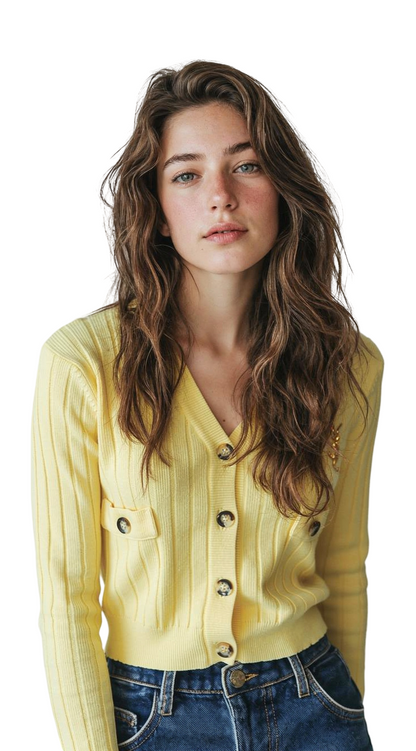 Designer Pale Yellow Ribbed Knit Cardigan with Gold YSL Monogram Brooch