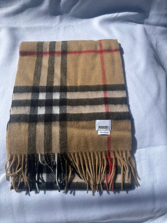 Burberry Classic Check Cashmere Fringe Scarf – Camel, Black & Red