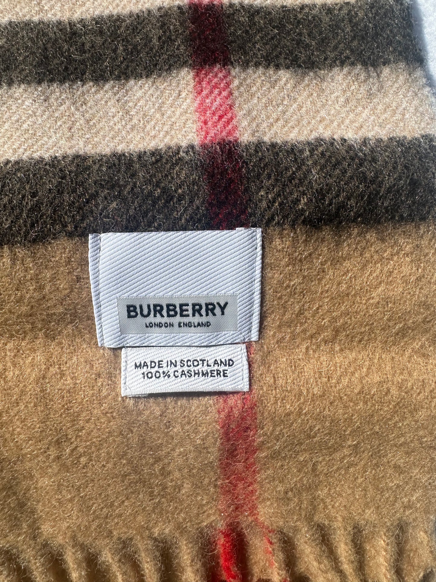 Burberry Classic Check Cashmere Fringe Scarf – Camel, Black & Red