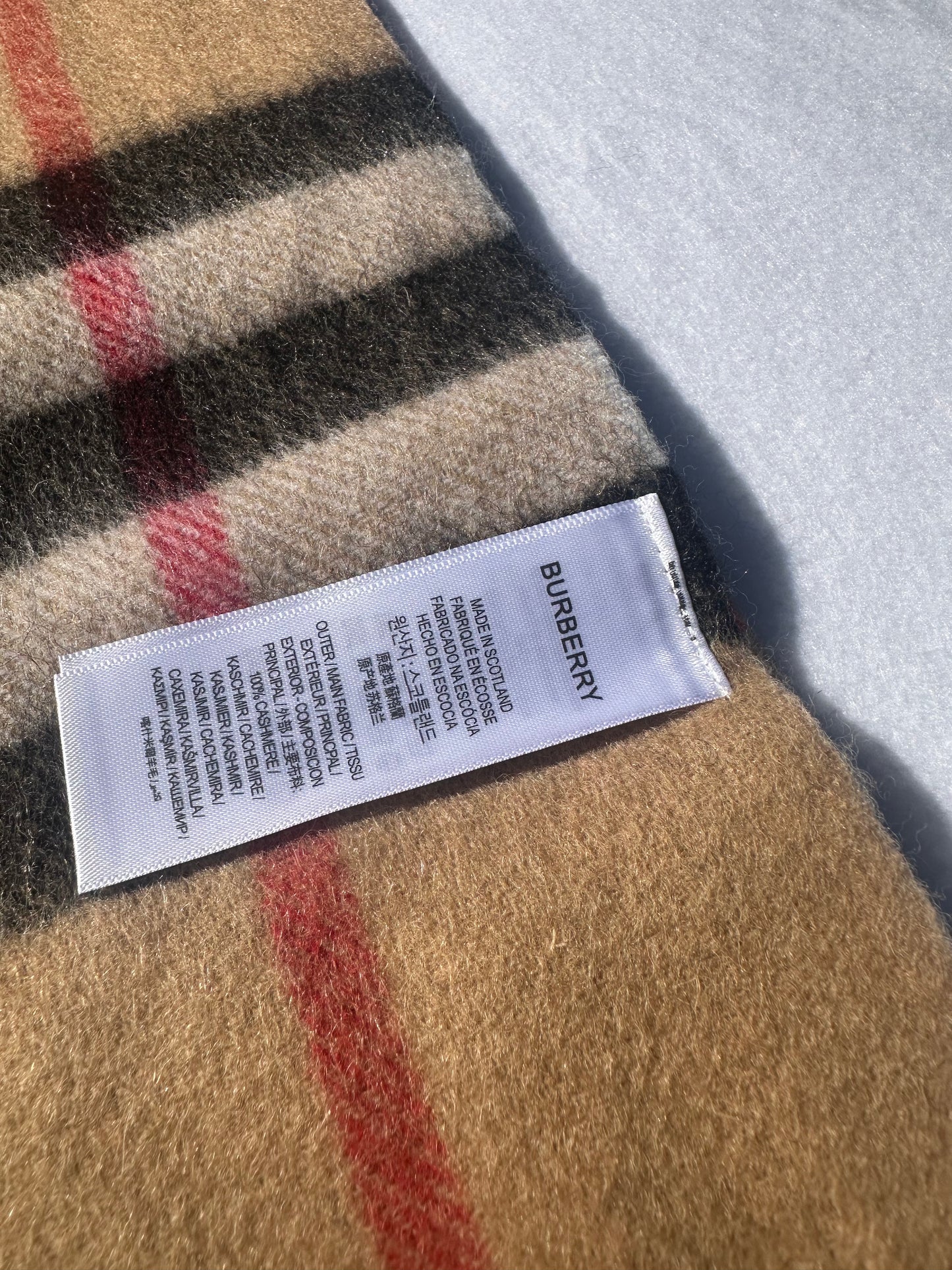 Burberry Classic Check Cashmere Fringe Scarf – Camel, Black & Red