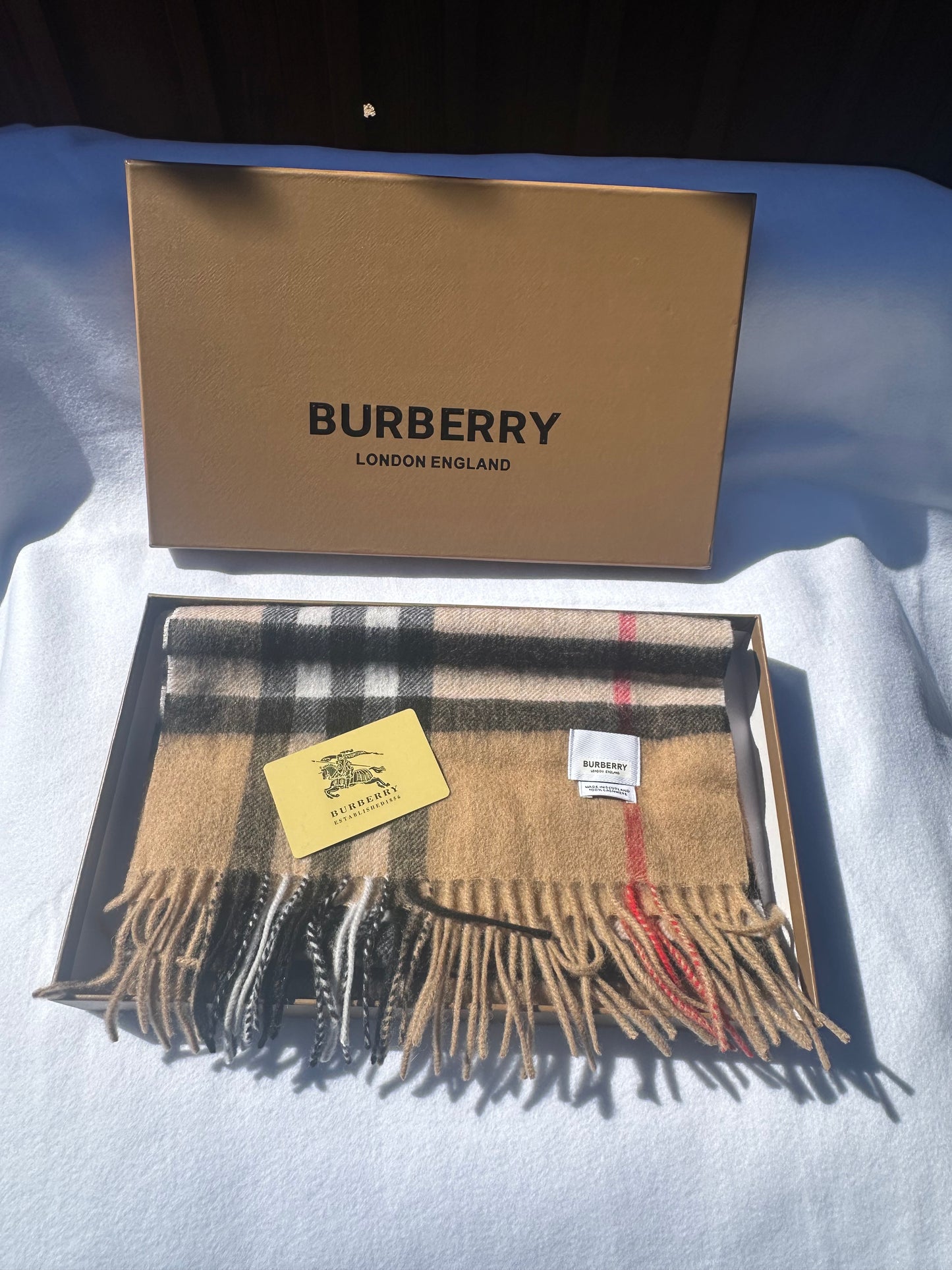 Burberry Classic Check Cashmere Fringe Scarf – Camel, Black & Red