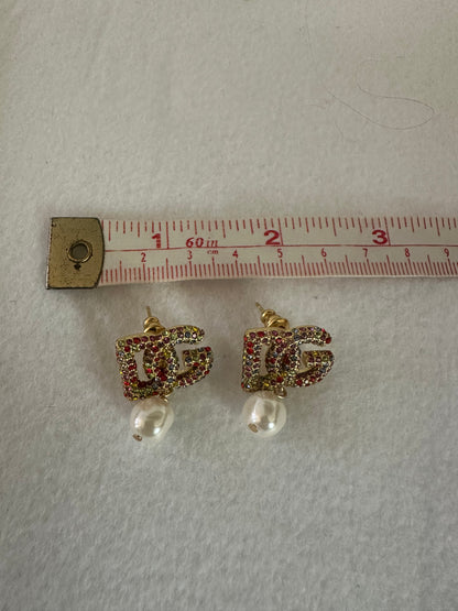 Dolce & Gabbana Multicolor Crystal Logo Pearl Drop Earrings – Gold Tone