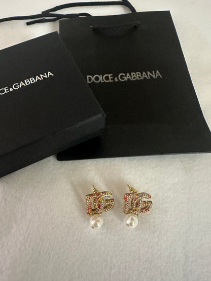 Dolce & Gabbana Multicolor Crystal Logo Pearl Drop Earrings – Gold Tone