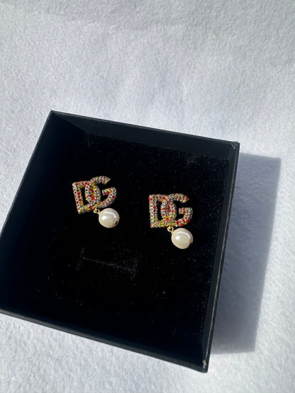 Dolce & Gabbana Multicolor Crystal Logo Pearl Drop Earrings – Gold Tone
