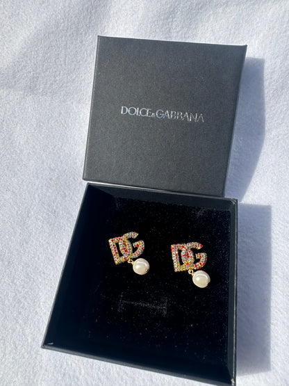 Dolce & Gabbana Multicolor Crystal Logo Pearl Drop Earrings – Gold Tone