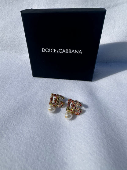 Dolce & Gabbana Multicolor Crystal Logo Pearl Drop Earrings – Gold Tone