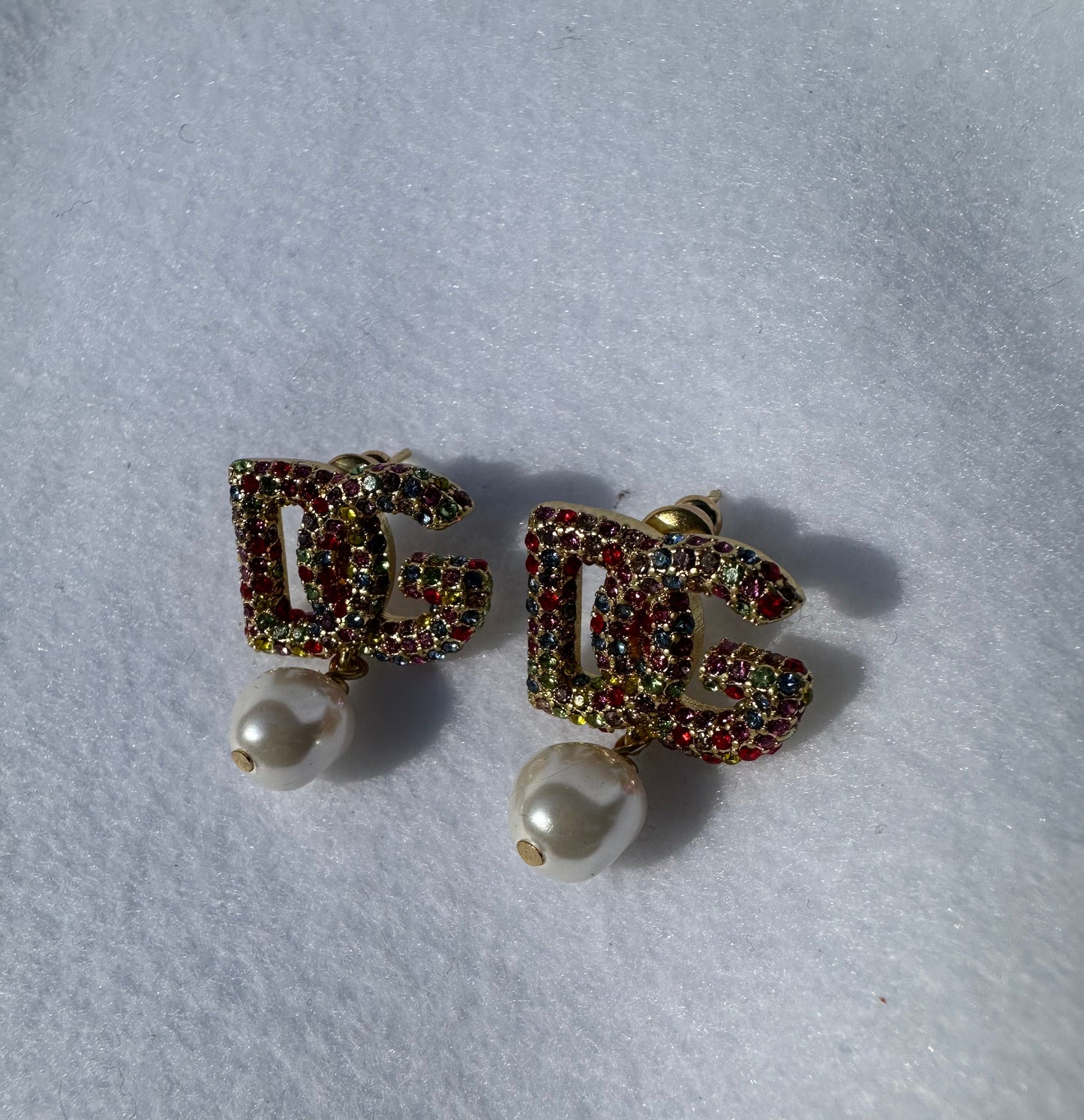 Dolce & Gabbana Multicolor Crystal Logo Pearl Drop Earrings – Gold Tone