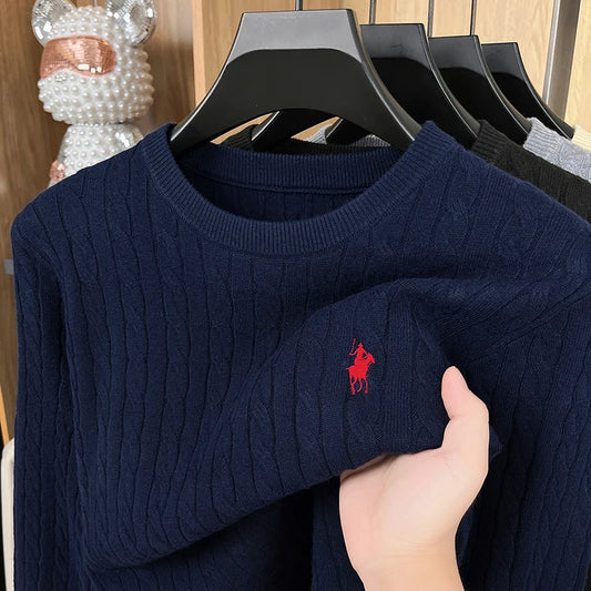 Men’s Embroidered Knit Sweater – Long Sleeve Crew Neck Pullover