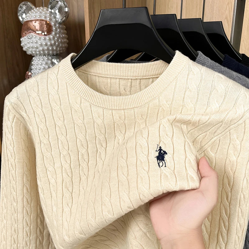 Men’s Embroidered Knit Sweater – Long Sleeve Crew Neck Pullover