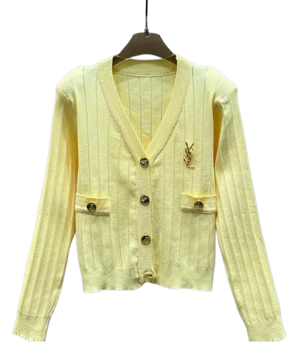 Designer Pale Yellow Ribbed Knit Cardigan with Gold YSL Monogram Brooch