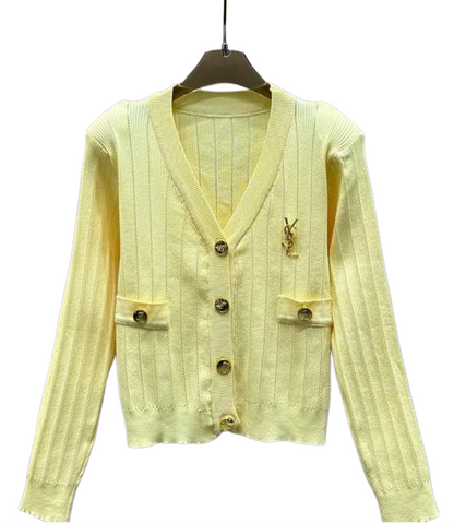 Designer Pale Yellow Ribbed Knit Cardigan with Gold YSL Monogram Brooch