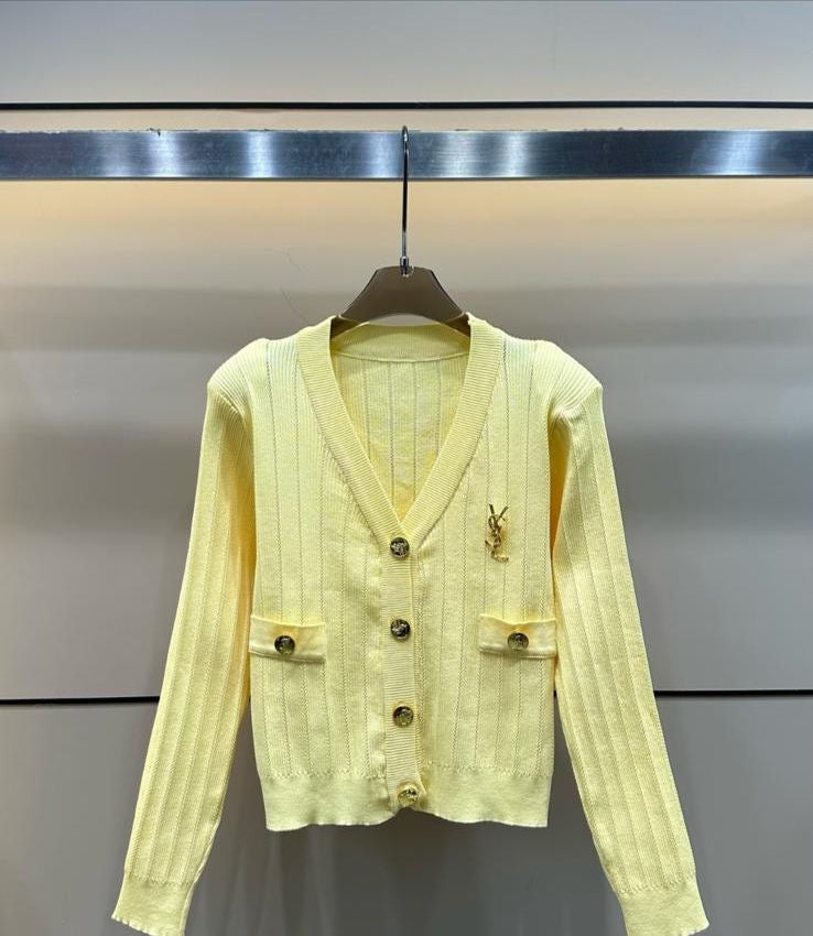 Designer Pale Yellow Ribbed Knit Cardigan with Gold YSL Monogram Brooch