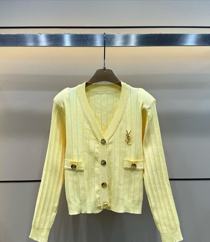 Designer Pale Yellow Ribbed Knit Cardigan with Gold YSL Monogram Brooch