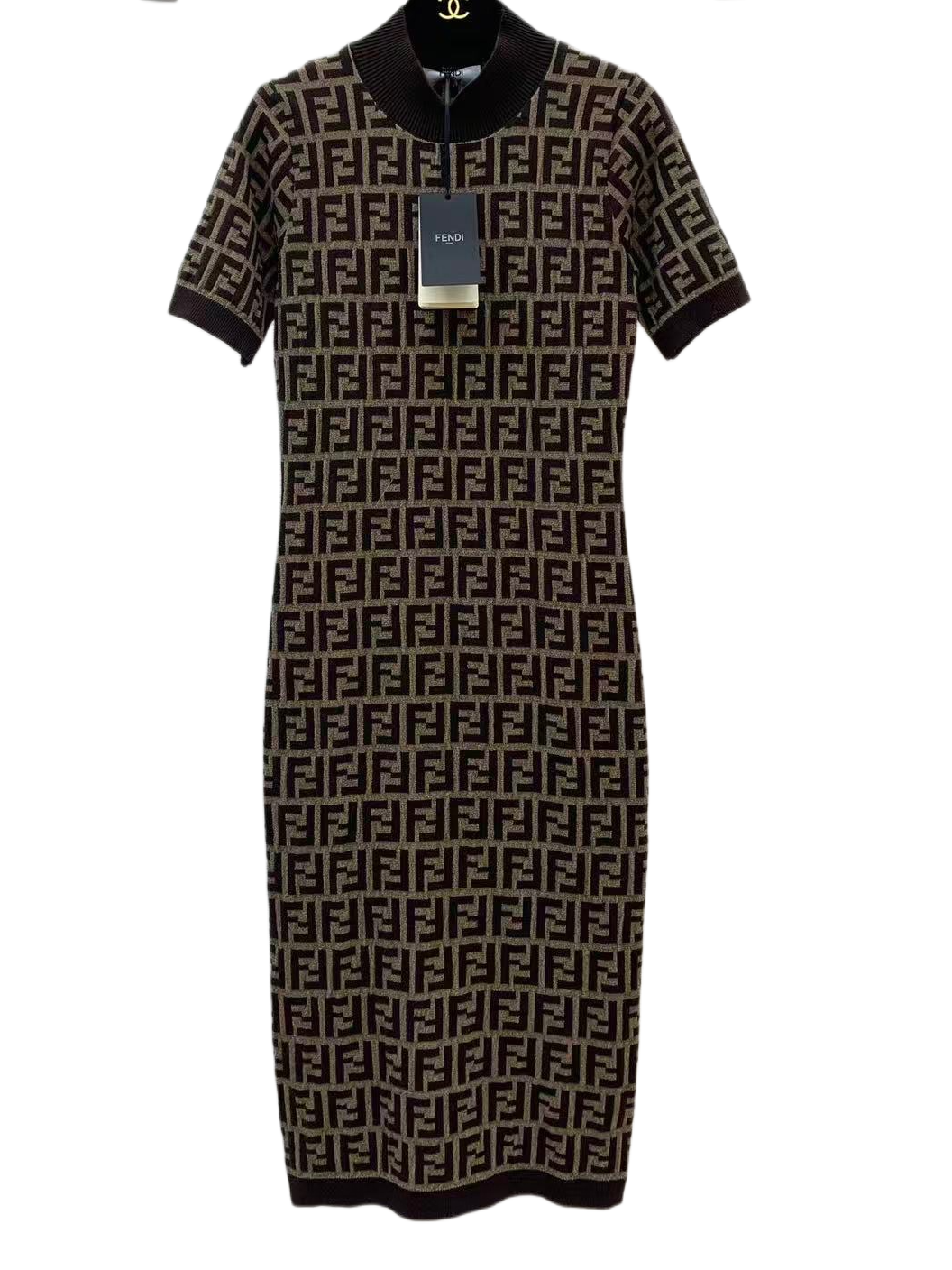 Designer FF Motif Zucca Knit Short-Sleeve Midi Dress – Brown